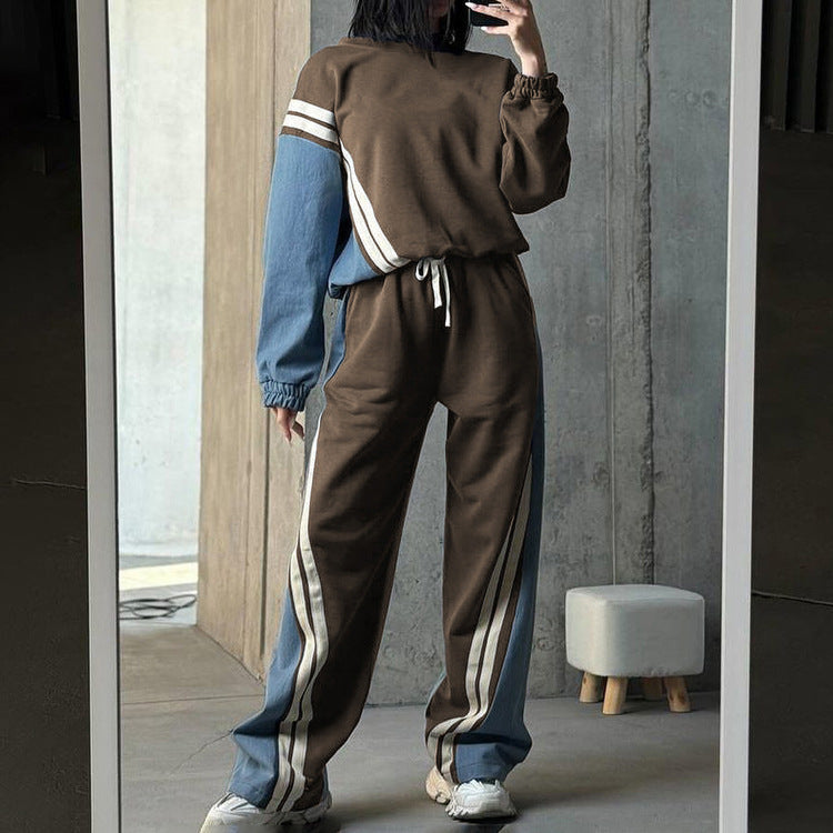 Color Striped Pullover Drawstring Trousers Two-piece Suits