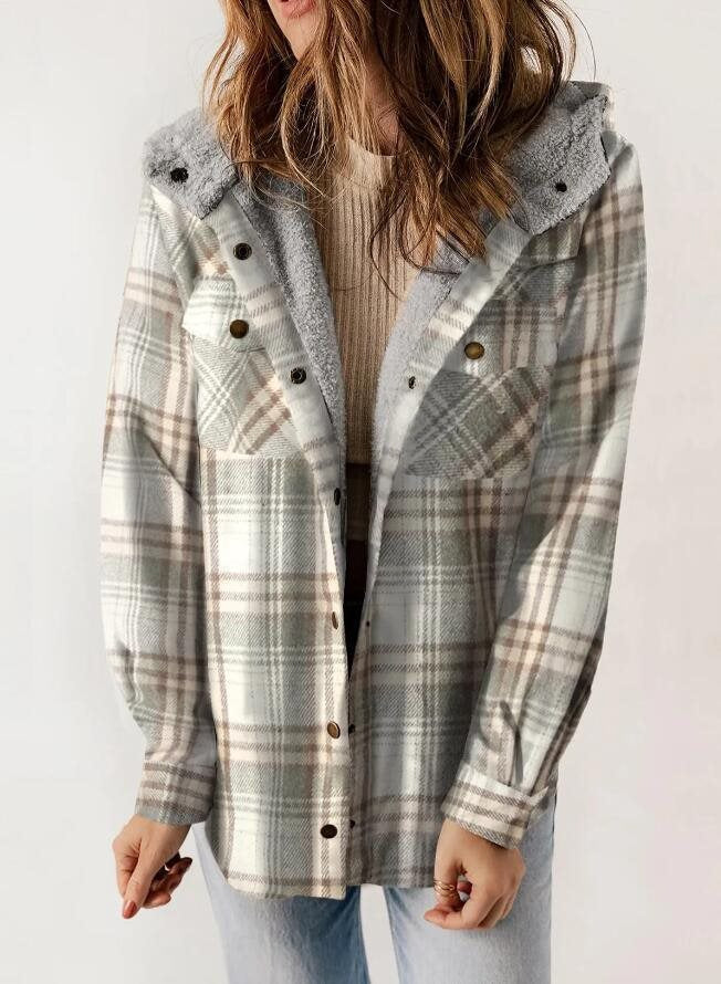 Women's Plaid Long Sleeve Furry Hooded With Jackets