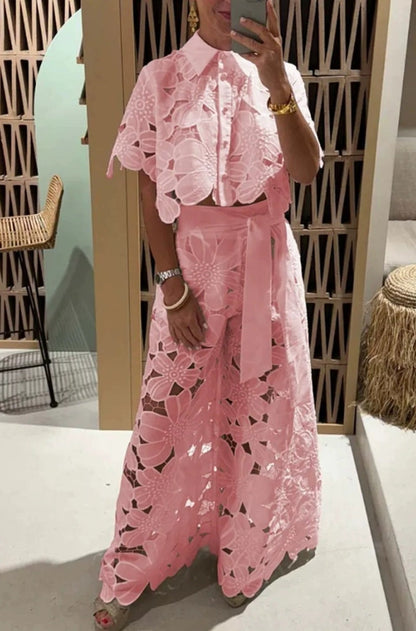 Summer Hollowed Leisure Lace Shirt Trousers Suits