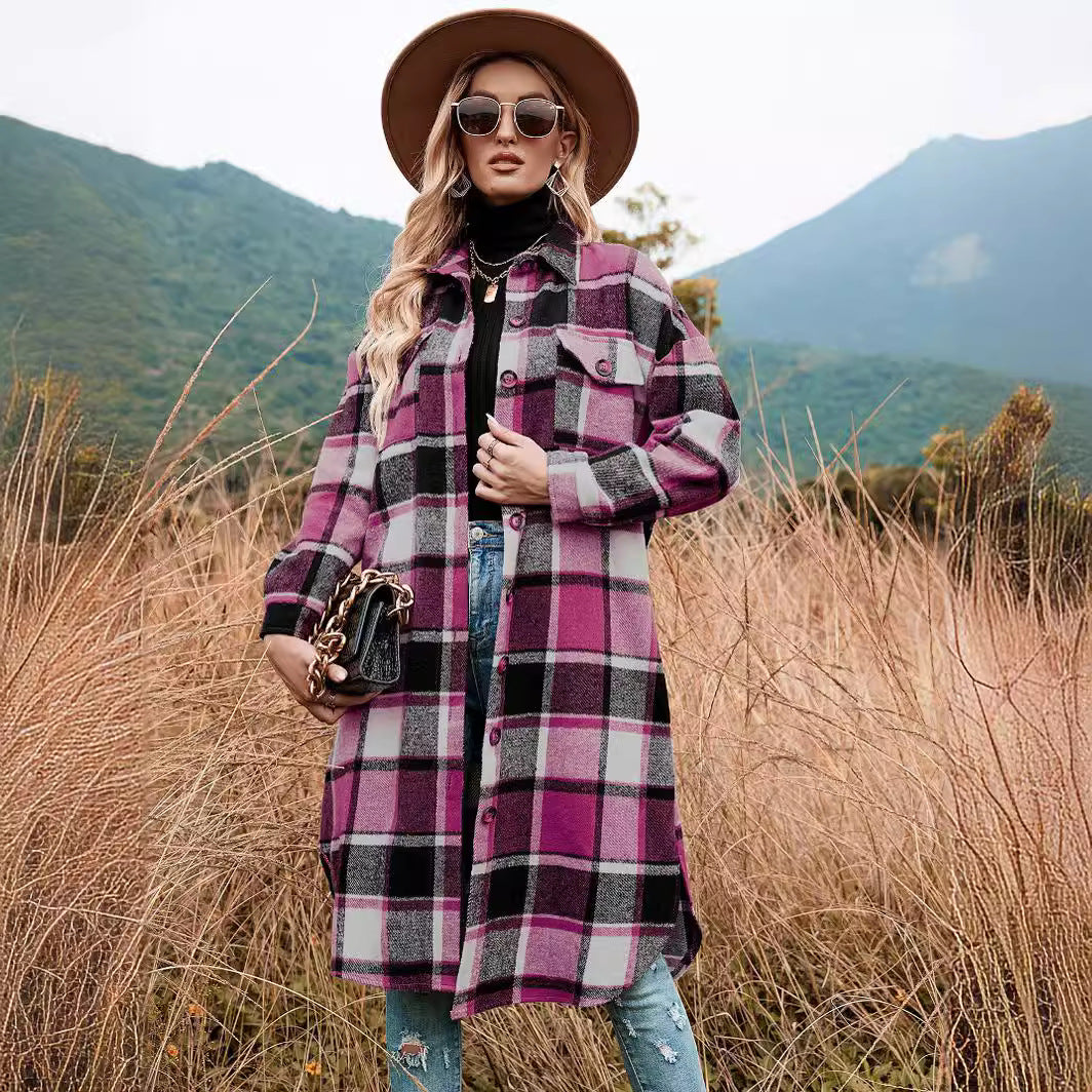 Women's Elegant Long Trench Lapel Pocket Plaid Coats