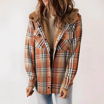 Women's Plaid Long Sleeve Furry Hooded With Jackets