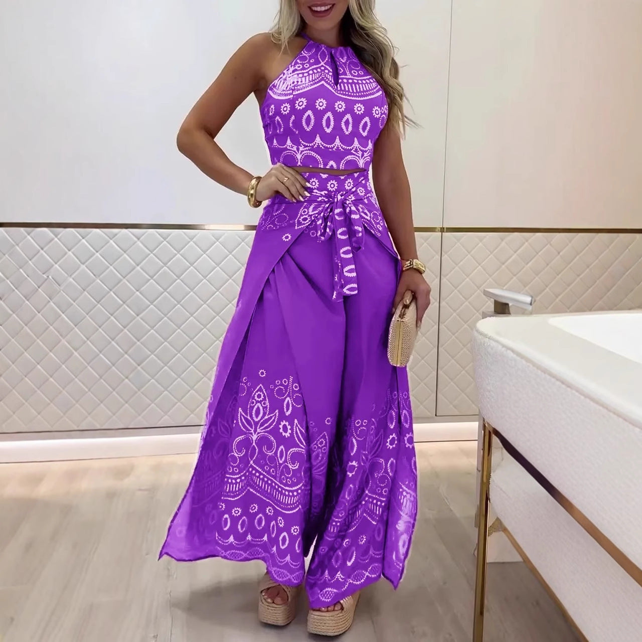Women's Summer Retro Ethnic Style Halter Wide Suits