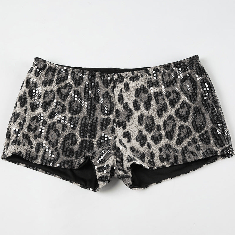 Women's Spring Leopard Print Sequins High Waist Tight Shorts