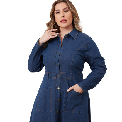 Women's Large Denim Lapel Long Sleeve Dress Coats