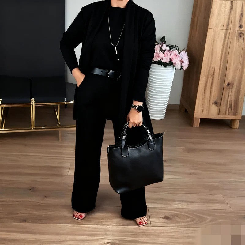 Women's Color Round Neck Long Sleeve Belt Suits