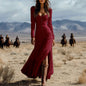 Retro Western Style Deep V Long Sleeve Dresses