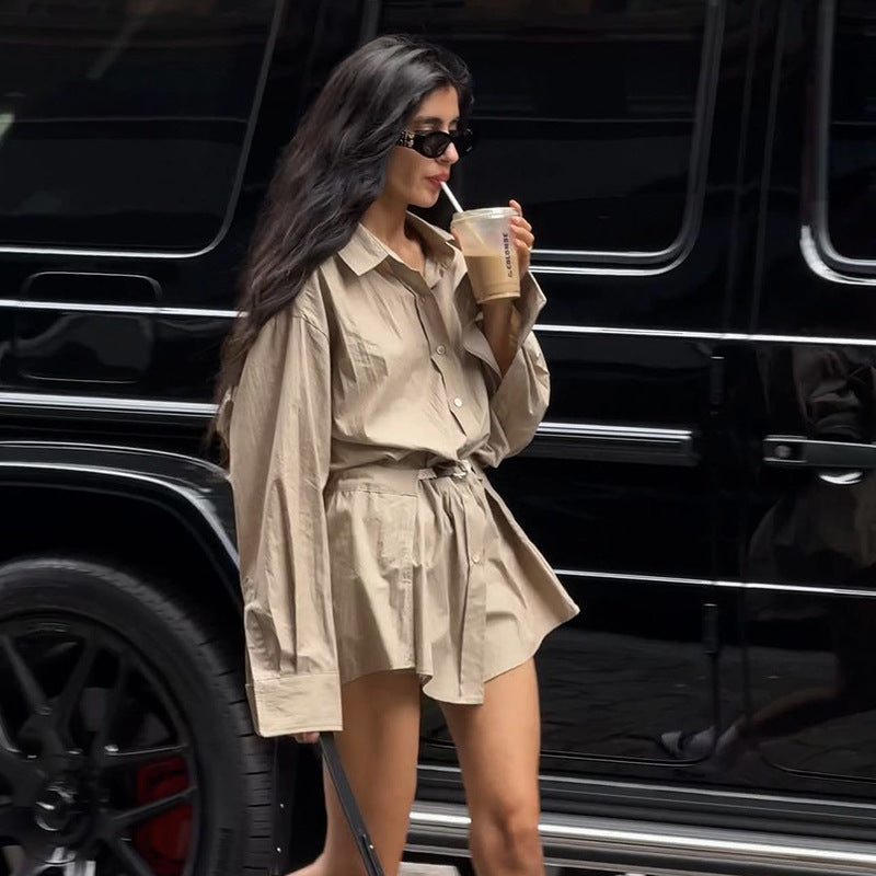 Women's Color Loose Street Fashion High Waist Lapel Long Dresses