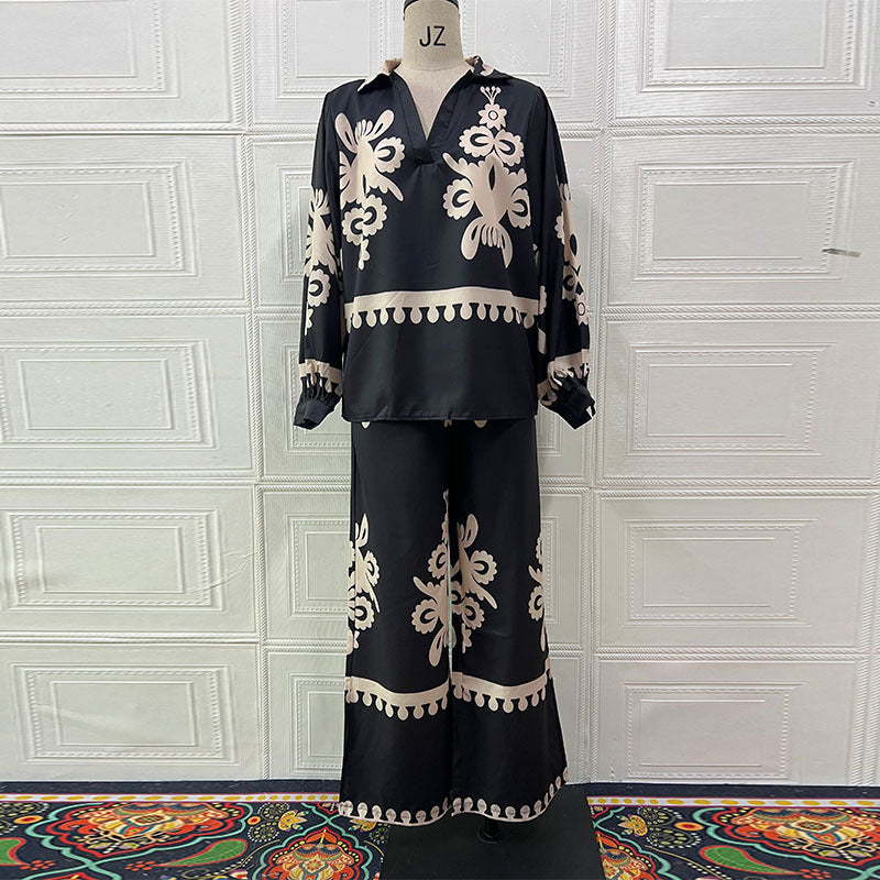 Women's Irregular Pattern Print Long Sleeve Trousers Suits