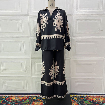 Women's Irregular Pattern Print Long Sleeve Trousers Suits