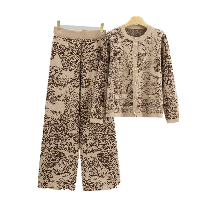 Women's Jacquard Landscape Painting Fashionable Knitted Round Suits