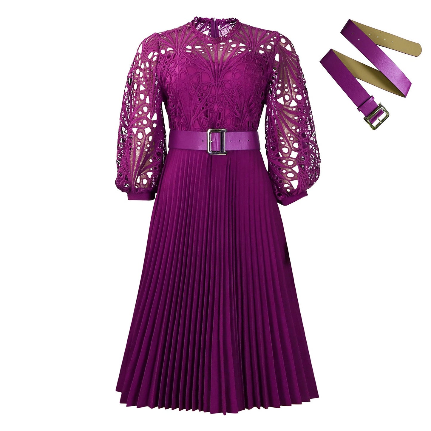 Women's Temperament Pure Color Lace Crocheted Pleated Dresses