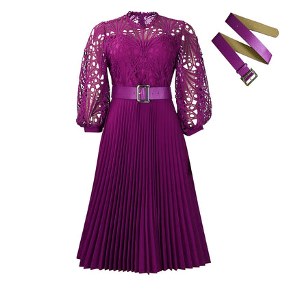 Women's Temperament Pure Color Lace Crocheted Pleated Dresses