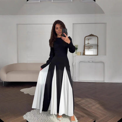 Women's Contrast Color Long Sleeve High Waist Dresses