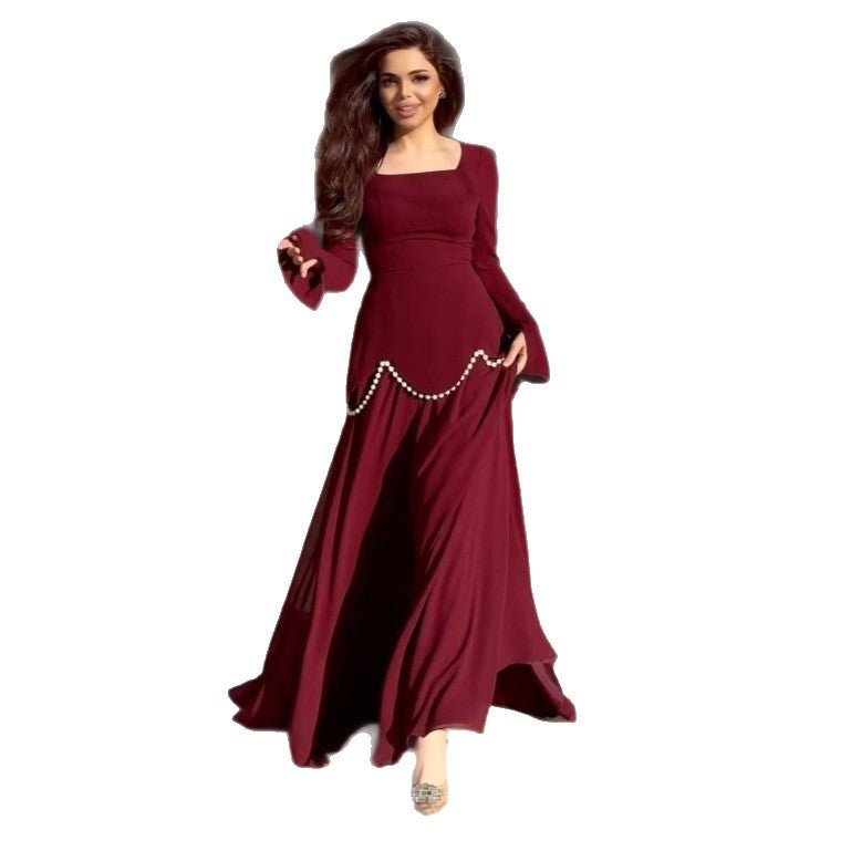 Women's Collar Long Sleeve Elegant Pearl Decoration Dresses