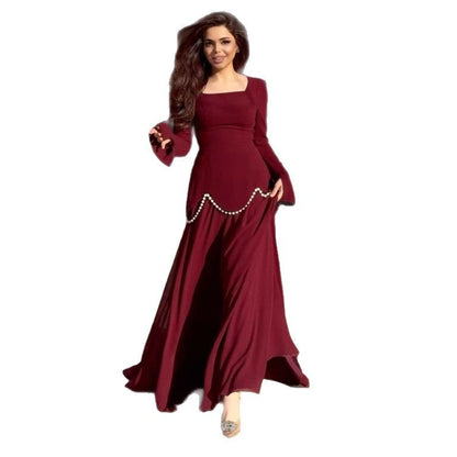 Women's Collar Long Sleeve Elegant Pearl Decoration Dresses