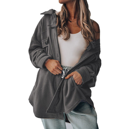 Women's Fashion Long Sleeve Single-breasted Fleece Shirt Coats