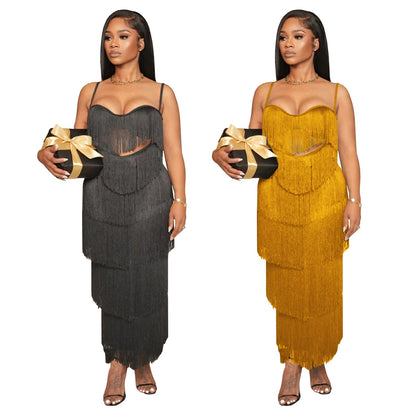 Women's Wear Sexy Strap Backless Tassel Long Dresses