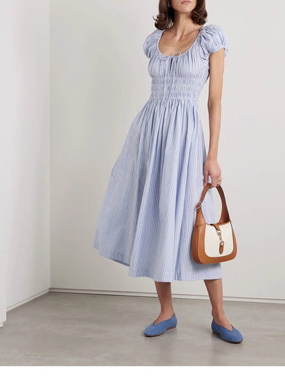Women's Square Collar Cotton Holiday Waist Mid-length Dress Dresses