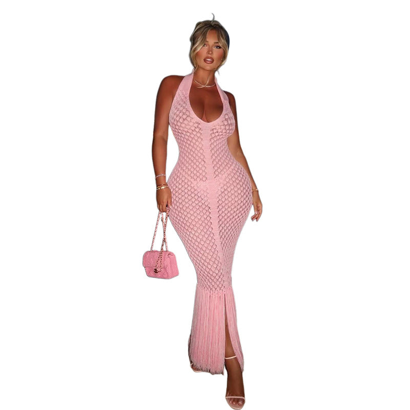 Women's Sexy Solid Color Mesh Knitted Beach Dresses