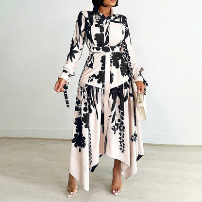 Women's Summer Fashion Temperament Printed Lapel Long Sleeve Skirts