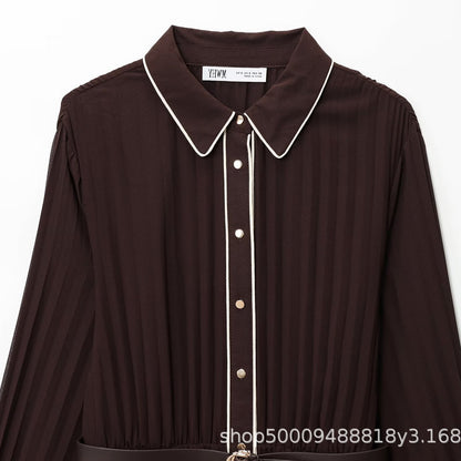 Women's Autumn Temperament With Belt Pleated Midi Dresses