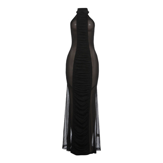 Spring Women Clothing Halter Backless Gauzy Stitching See through Sexy Slim Dress