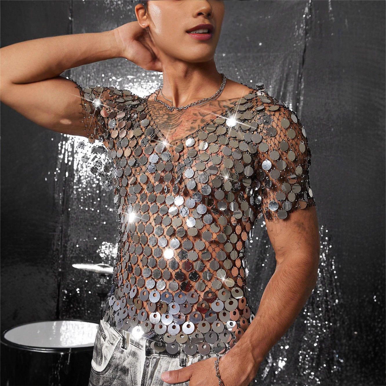 Men's Diamond Studded Hollow Sequin Mesh Outerwear Blouses