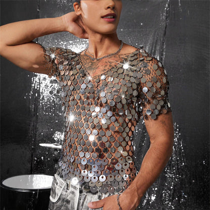 Men's Diamond Studded Hollow Sequin Mesh Outerwear Blouses