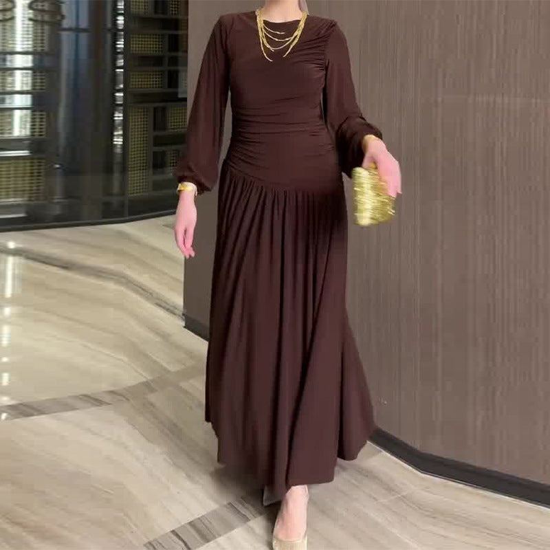 Women's Pleated Waist Tight Long Sleeve Round Dresses