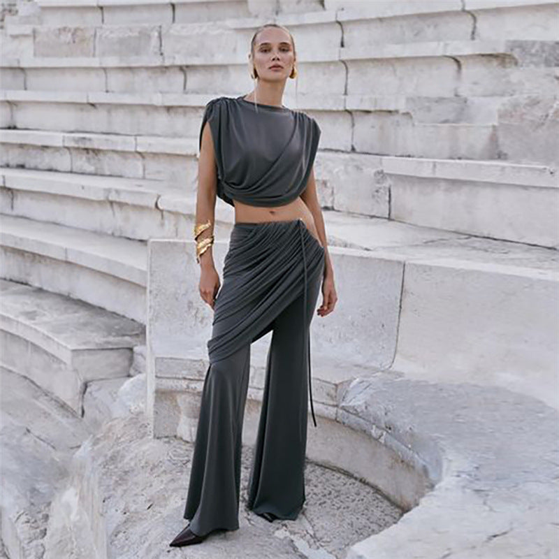 Women's Pleated Round Neck T-shirt Solid Color Pants