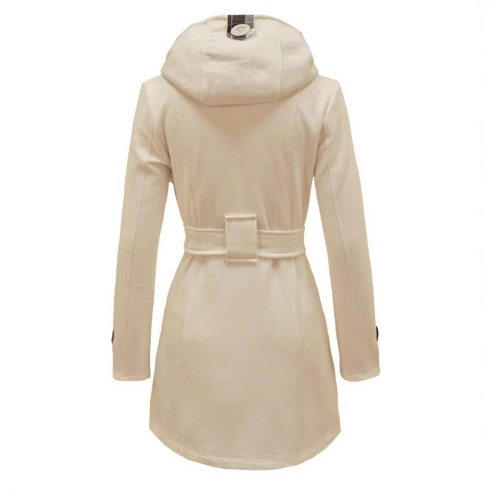 Women's Plaid Hooded Woolen Belt Double-breasted Long Coats