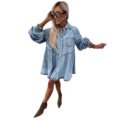 Women's Russian Shirt Button Denim Long Sleeve Dresses