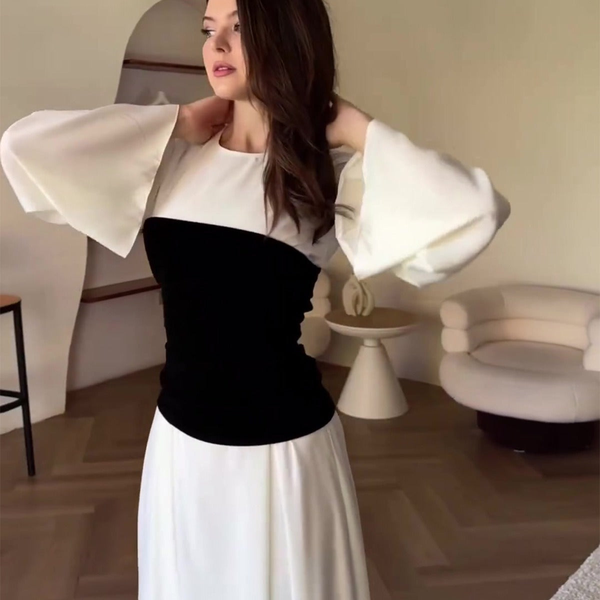 Women's Autumn Black White Stitching Design Tight Dresses