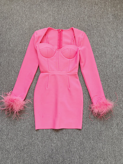 Women's Fashion Temperament Long Sleeve Tight Feather Dresses