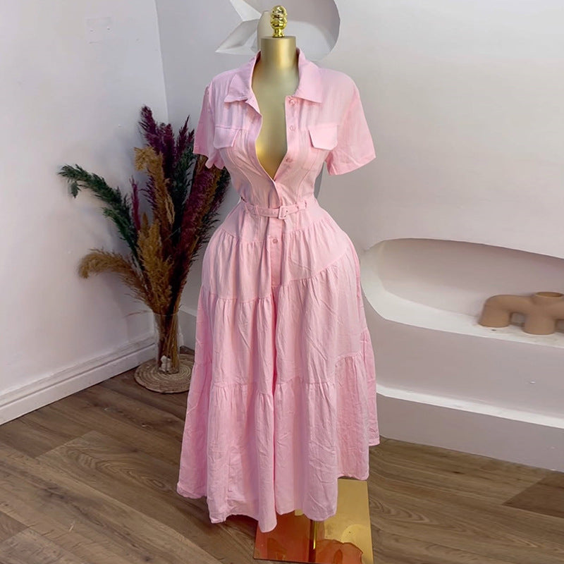 Women's Summer Fashion Polo Collar Sleeve Breasted Belt A- Dresses