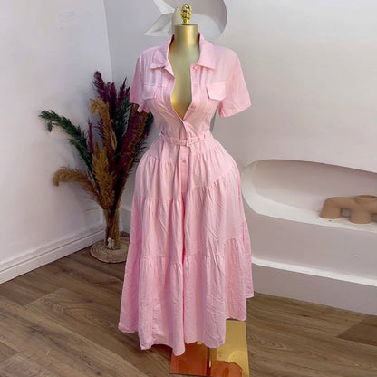 Women's Summer Fashion Polo Collar Sleeve Breasted Belt A- Dresses
