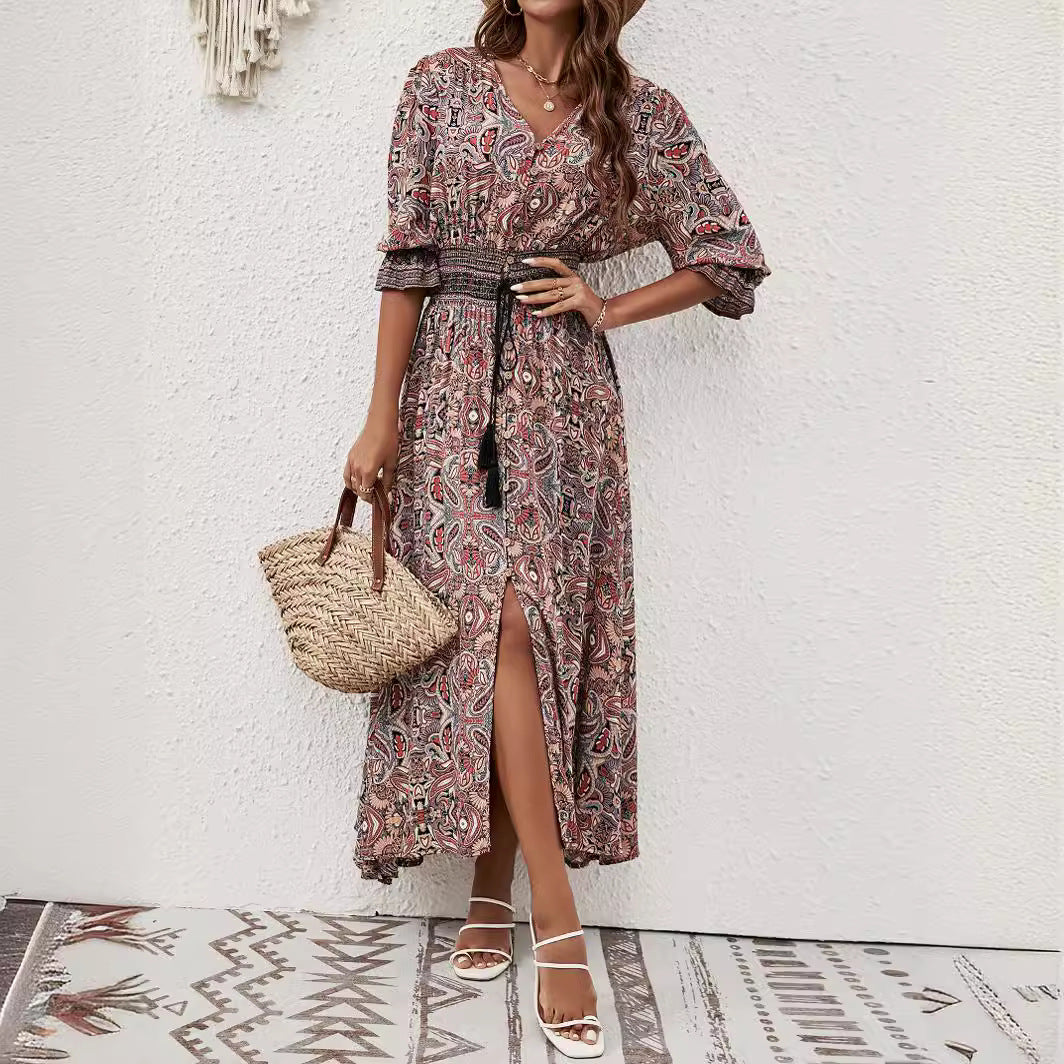 Women's Three-quarter Sleeve Waist Bohemian Dress Vacation Dresses