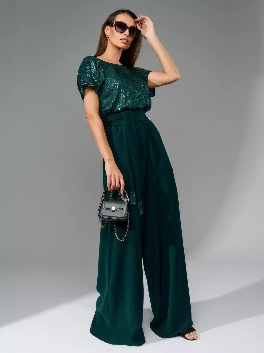 Spring One-piece Sequin Fashion Sleeve Casual Suits