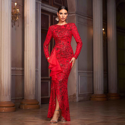 Women's Long-sleeved Round Neck Lace Banquet Sequined Dresses