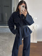 Elegant Lapel Belt Denim Long Sleeve Suits