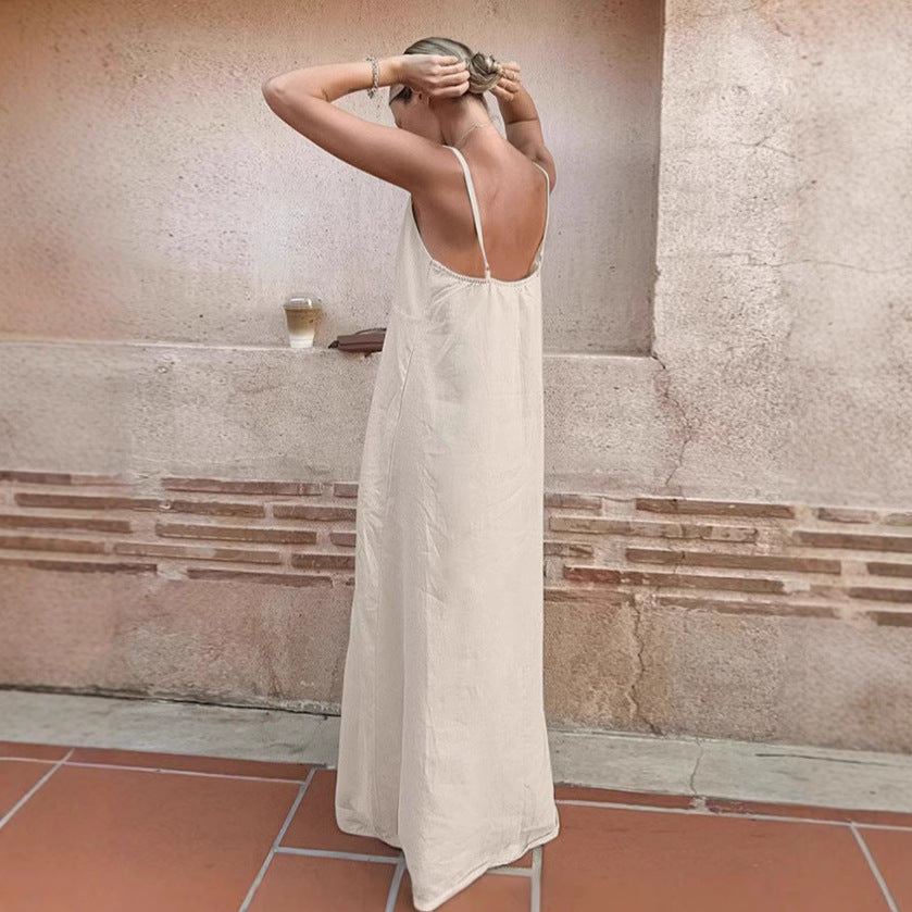 Women's Casual Cotton Linen Suspender Simple Loose A- Dresses