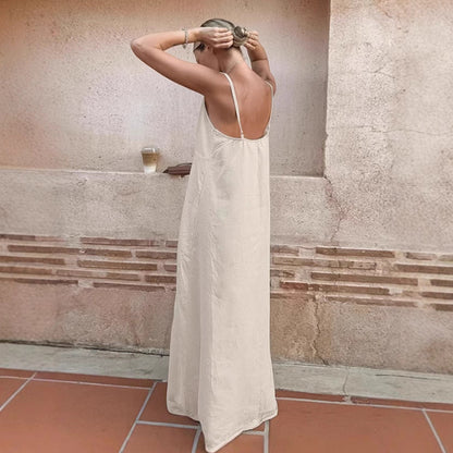 Women's Casual Cotton Linen Suspender Simple Loose A- Dresses