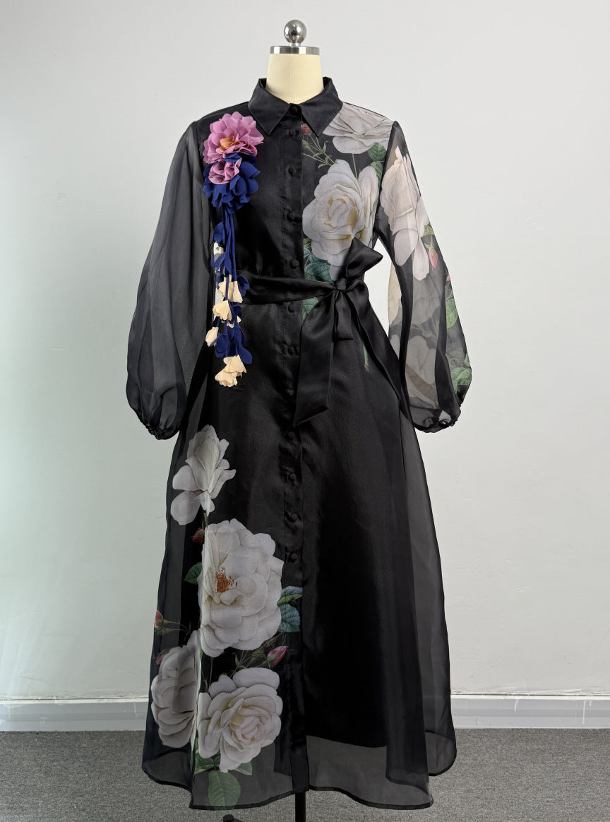 Women's Autumn Three-dimensional Floral Holiday Lapel Lantern Sleeve Dresses