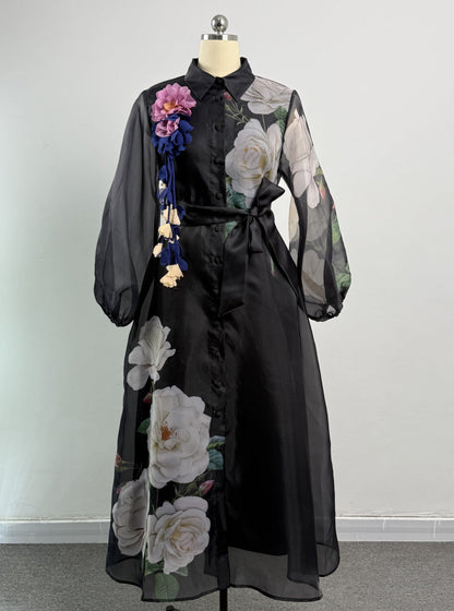 Women's Autumn Three-dimensional Floral Holiday Lapel Lantern Sleeve Dresses