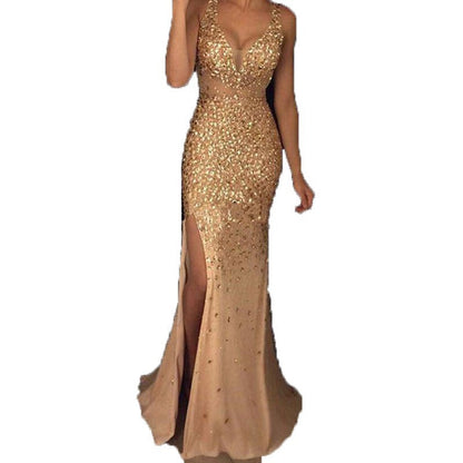 Women's Spring Split Gold Dress Long Wedding Dresses