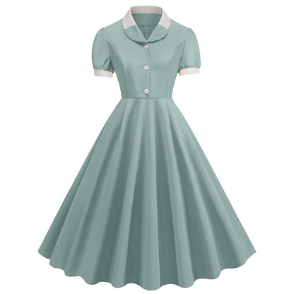 Patchwork Waist Trimming Short-sleeved Retro Hepburn Dresses