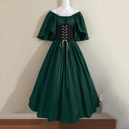 Women's Retro Color Contrast Patchwork Flying Sleeves Cinched Dresses