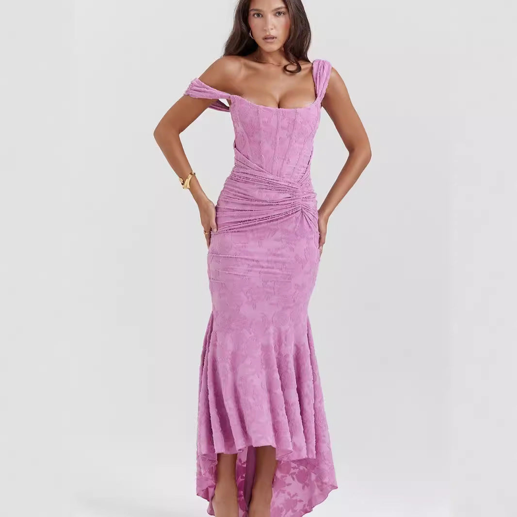 Square Collar Elastic Net Jacquard Pleated Dresses