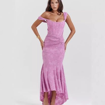 Square Collar Elastic Net Jacquard Pleated Dresses