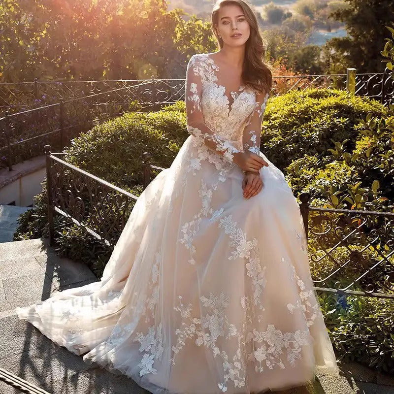 White Bridal Dress Long-sleeved Tight Waist Wedding Dresses